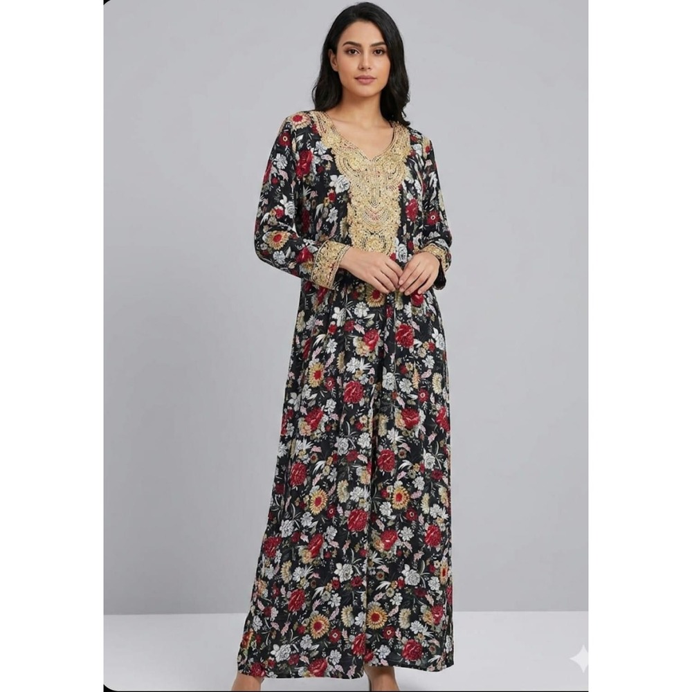 Embellished Kaftan Dress Womens Large Black‎ Floral Maxi Long Sleeve Scoop Neck